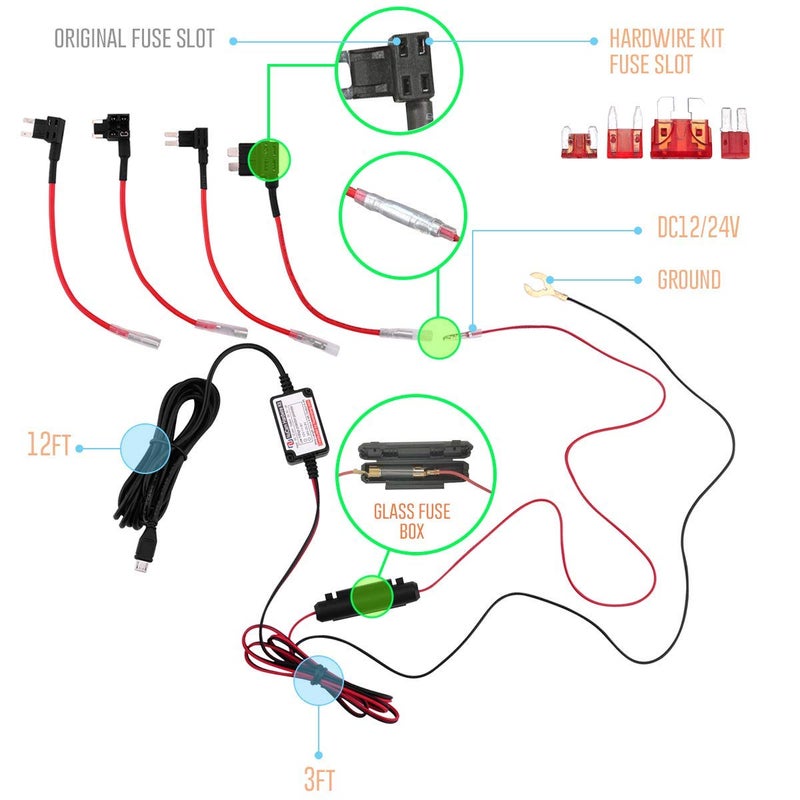 NUNET مجموعة توصيل كاميرا داش NUNET من النوع C، كابل طاقة MicroUSB و Mini USB بطول 15 قدم مع حماية من الجهد المنخفض، قطع عند 11.9 فولت، 4 أنواع من الفيوز (Mini/LP/ATO/Micro2)، مجموعة توصيل عالمية للسيارات والشاحنات - Image 2